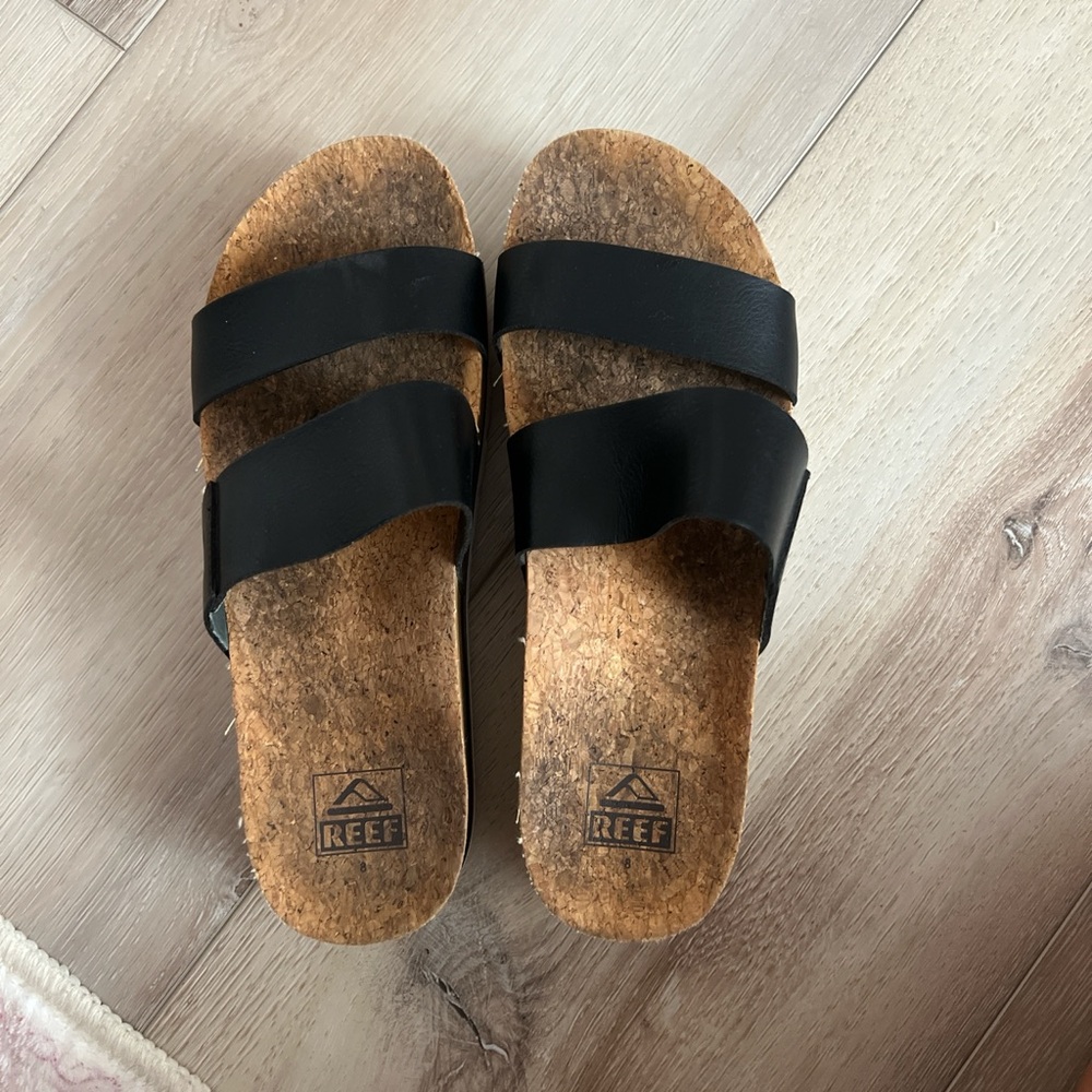 Reef Black Cork Slide Sandals